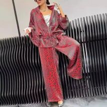 Mode Leopard Print 2 Stück Sets Frauen Herbst Revers Zipper Kordelzug Mantel Breite bein Hosen Outfit Frühling Herbst langarm Anzug