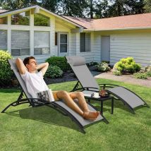Set di lettini prendisole reclinabili da 3 pezzi, chaise longue in alluminio, tavolo, sedia reclinabile con 5 schienali regolabili, cuscino per la testa, 4 colori