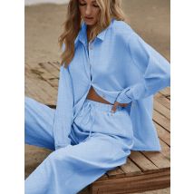 2-teiliges Set für Damen, einfarbig, Hemd mit Knopfleiste vorne, Hose mit weitem Bein, lässiges, bequemes Set für den täglichen Gebrauch, Damenstoff für alle Jahreszeiten