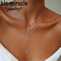Mode Gold platte Kristall Kreuz Halsketten Anhänger Boho Doppels chicht Halskette katholischen religiösen christlichen Statement Schmuck
