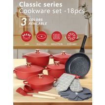 DONNOR 18Pcs Non-Stick Cast Aluminum Cookware Set Large Dutch Oven Pot With Lid & Handle For All Stoves Durable Casserole JT274