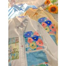 Yellow Oil Painting Print Shirts Women Spring Autumn Thin Loose Button Up Blouses Long Sleeved Oversize Shirt for Teenage Girls