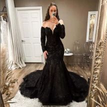 Maßgeschneidertes gotisches schwarzes Hochzeitskleid, schulterfrei, Spitze, Meerjungfrau, Brautkleid, herzförmiger Schnür-Rücken, Retro-Vestido de Novia 2025