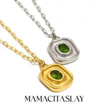 MamacitaSlay Retro Irregular Pendant Round Green Zircon Paper Clip Chain Women's Necklace Trendy Women's Stainless Steel Jewelry
