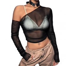 Frauen sexy schiere T-Shirts Sommer Langarm von der Schulter durchsichtige Slim Fit Tops weibliche Winter Bottom Shirt Clubwear