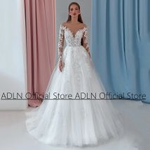 Funkeln des Hochzeits kleid für Frauen Braut Illusion lange Ärmel U-Ausschnitt Perlen Applikation Glitzer Tüll eine Linie Brautkleid