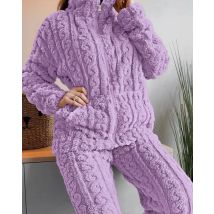 Women's Two Pieces Pajamas Set Autumn Jacquard Textured Stand Collar Zip Up Fuzzy Teddy Long Sleeve Top & Pants Set Thick Warm
