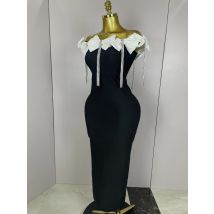 2025 Frauen Promi Sexy Off Schulter Blume Diamanten Schwarz Fliege Maxi Lange XL Verband Kleid Elegante Abend Club Party Kleid