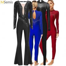 Donne Lucido Strass Acrobazie Ginnastica Body OnePiece Unitard Pattinaggio di Figura Balletto Costume Manica Lunga Sovrapposizione Tuta