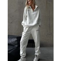 FSMG Casual Cotton Tracksuit with Zipper Women's Oversize Long Sleeve Lapel Sweatshirt Elastic Waist Pant 2 Piece Set Sports Set