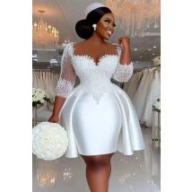 New Short Wedding Dress 2026 Sheer Neck Half Sleeves Lace Appliques Pearls Satin Bridal Bride Gown vestidos de novia