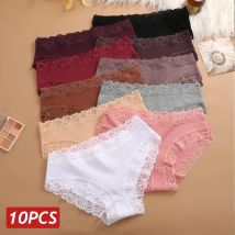 10PCS Frauen Baumwolle Höschen Floral Spitze Slip Sexy Dessous Low Rise Elastische Rippen Einfarbig Höschen Mädchen Weiche Unterwäsche