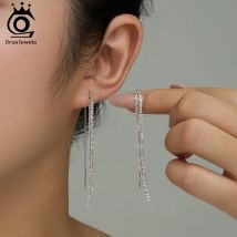ORSA JEWELS  Tassel 925 Sterling Silver Dangle Earrings Shiny Chain Earline for Women Minimalist Jewelry Banquet Party APE152