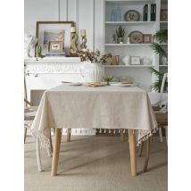 Four seasons universal linen solid color rectangular tablecloth Beige fringe Vintage farmhouse wedding decoration kitchen table