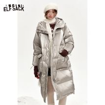 ELFSACK 2024 Winter-Neuheiten, lange Daunenjacke mit Kapuze und Kordelzugtaschen für Damen