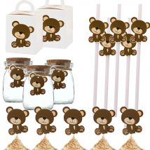 1set Cartoon Bär Kuchen Topper Braun Bär Papier Tags Strohhalme für Kinder Glücklich Geburtstag Party Kuchen Dekor DIY Geschenke verpackung Versorgung