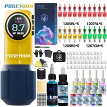 Tattoo Kit POSEIDON Nette Gelbe Tattoo Stift Kit Für Permanent Make-Up Tattoo Maschine Kit Neue Tattoo Netzteil Tattoo Gun Kit