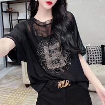 Mode Geometrische Diamanten Hemd Casual Gaze Gespleißt 2025, Sommer Rundhals Alle-spiel Weibliche Kleidung Lose Kurzarm Bluse