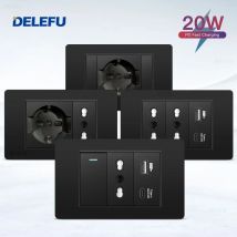 DELEFU Nero Ritardante PC Italia USB TypeC Presa a muro a ricarica rapida Schuko Tuya Wifi Smart Switch Sat TV Tel Campanello Cile