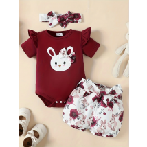 0-18 Monate Neugeborenes Baby Mädchen Fliegende Ärmel Niedlicher kleiner Kaninchen-Overall + Kaninchen-bedruckte Shorts-Set Baby-Osterkostüm