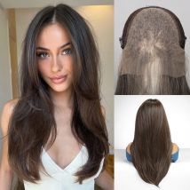 ELEMENT Moderne 13*6 Lace-Front-Synthetik-Perücken, gerade, gewellt, schwarz, braun, tägliche Party-Perücke mit seitlichem Pony für Damen, natürlich