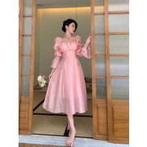 Sweet Back Puff Sleeve Dress Women Autumn 2025 New Pink Bandage Dress Fashion Elegant Chiffon Long Dresses Female