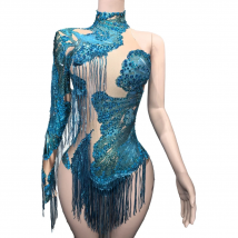 Sexy Skinny Leotard Singer Dancer Show StageWear Sparkly Blue Rhinestones Women DanceCostume Fringes One Shoulder Bodysuit  7G