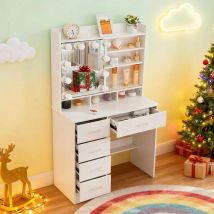Schicker Schminktisch aus Holz im europäischen Stil: beleuchteter Spiegel (3 einstellbare Modi), ausgestattet mit ausziehbaren Regalen und Schubladen