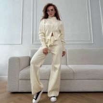 Herbst Winter Damen Einfarbig Einfache Grundlegende Lässige Trendy Gestrickte 2-teilige Sets Reißverschluss Langarm Mäntel Hosen mit weitem Bein