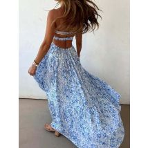 Ärmelloses Patchwork-Print Maxi-Partykleid, Damen Sommer Trägerloses Sexy Rüschenkleid, 2026 Rückenfreies Strandkleid für Damen