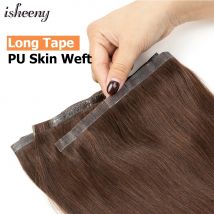 Gerader, langer, flacher PU-Haareinschlag, 12, 16, 20 Zoll, echtes, natürliches, dunkelbraunes Echthaar, Bündel ohne Klebeband für Frauen