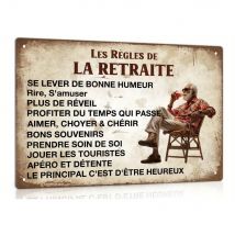 Rustikales deutsches Vintage-Blechschild „Rezirement Rules...“, 1 Metallschild – Wanddekoration für Terrasse/Schlafzimmer