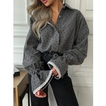 Trendix Herz Druck Elegante Shirts Für Frauen Grau Lose Spitze Patchwork Langarm Shirt Femme Vintage High Street Chic Kleidung