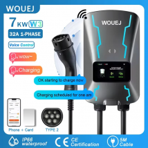 WOUEJ Stazione di ricarica EV W3 Tipo 2 7KW 32A Caricatore per veicoli elettrici monofase Wallbox APP Controllo vocale Scheda RFID Schermo LCD