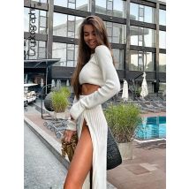 Kryptographische Solide Sexy Pullover Cropped Top Midi Rock Zwei Stück Set Frauen Passenden Set Outfits Button Up Split Röcke Winter