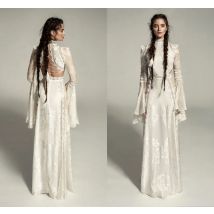 Abiti da sposa bohémien da spiaggia personalizzati con applicazioni in pizzo pieno a sirena a maniche lunghe per le vacanze estive Abito da uccello di campagna