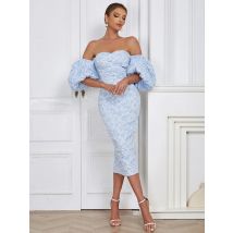 Sexy Puff ärmel Blumen druck Midi schlankes Kleid Frauen Himmelblau V-Ausschnitt Blumen Kurzarm Bodycon Kleid elegante Party Abend