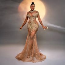Abito da compleanno con perline di lusso Illusione africana Tulle Cristalli Abito da ricevimento di nozze in pizzo Abito da ballo stile Aso Ebi per ragazze nere