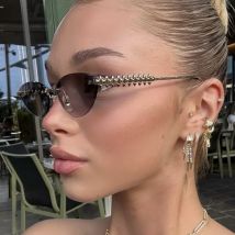 Protective Glasses Rimless Cat Eye Rivet Sunglasses Women Luxury Brand Oval Gradient Sun Glasses Trendy Elegant Unique Eyewear