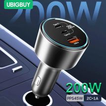 Ubigbuy Cargador de coche de 200 W Carga rápida de 3 puertos 3.0 USB C PD 100 W PPS 45 W Carga súper rápida para MacBook Pro iPhone 15 Samsung S23
