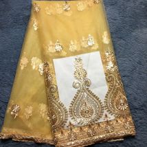 Gold Afrikanischer Spitzenstoff 2024, hochwertige Spitze, Pailletten, französischer Tüll, Stickerei, nigerianischer Spitzenstoff, 5 Yards für Partykleid M22