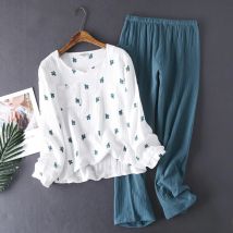 Neue Japanischen stil frühling und herbst damen baumwolle crepe tuch lange ärmeln hosen pyjamas kaktus komfortable hause service