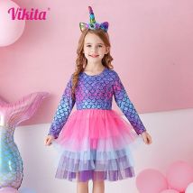 Vikita Kinder Langarm Kleid Mädchen Meerjungfrau Druck Kleider Kinder Farbverlauf bunte Kleid Mädchen Prinzessin geschichteten Tüll Tutu Kleider