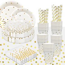 242-teiliges Einweg-Partygeschirr-Set in Weiß und Gold mit goldenen Punkten, Party-Geschirrset in Weiß und Gold, Party-Pappteller, Tassen, Servietten