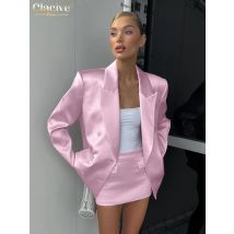 Clacive Mode Lose Rosa Satin 2 Stück Sets Frauen Outfit 2024 Elegante Langarm Blazer Mit Mittlerer Taille Mini Röcke Set weibliche