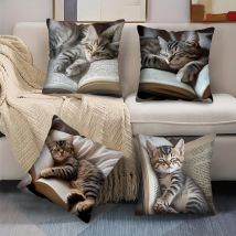 Zeitgenössischer quadratischer Kissenbezug mit Dozing-Kätzchen, niedliche Katze, die auf offenem Buch schläft, dekorativer Kissenbezug, Heimdekoration