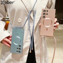 Crossbody Strap Cord Matte Cases für Samsung Galaxy S24 S23 Ultra S22 Plus S21Lanyard Seil für Magsafe stoßfeste Silikonhülle