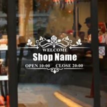 Store Weclome Schild Vinyl Aufkleber Custom Any Shop Names Fensteraufkleber Arbeitsstunden Tür Vinyl Wandbilder Dekoration Vinylkunst AZ1005
