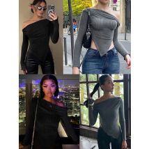 Neue T-Shirt Herbst Winter Frauen sexy schwarze Schräg kragen T-Shirts Mode lange Ärmel asymmetrische weibliche elegante vielseitige Kleidung