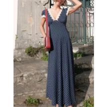 Schicke Mode Spitze Polka Dot Langes Kleid V-ausschnitt Sexy Frauen Kleid Marineblau Vintege Elegante Kleider 2025, Neue Frau Kleidung